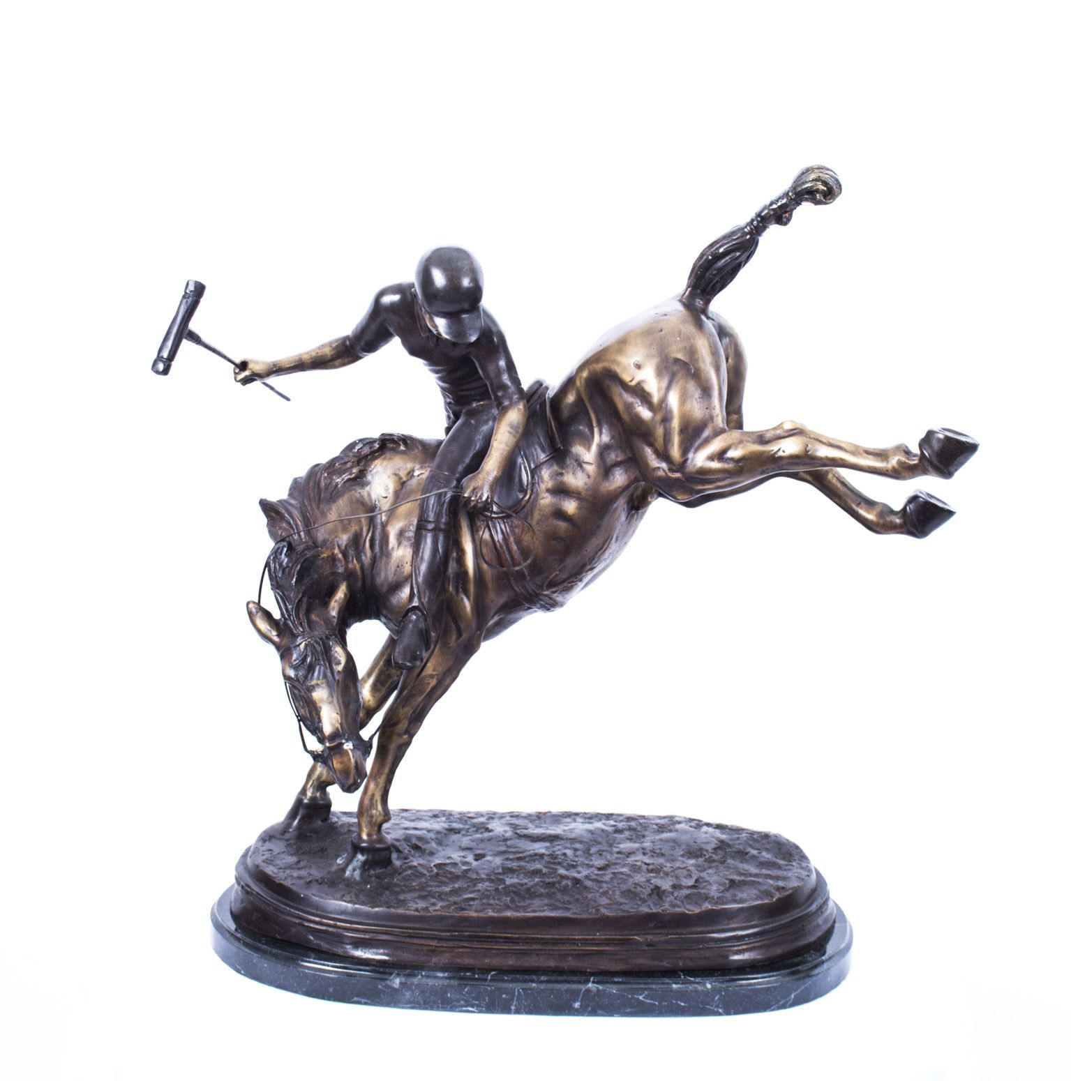 Vintage Bronze Polo Player Bucking A Horse Sculpture 20th Century
