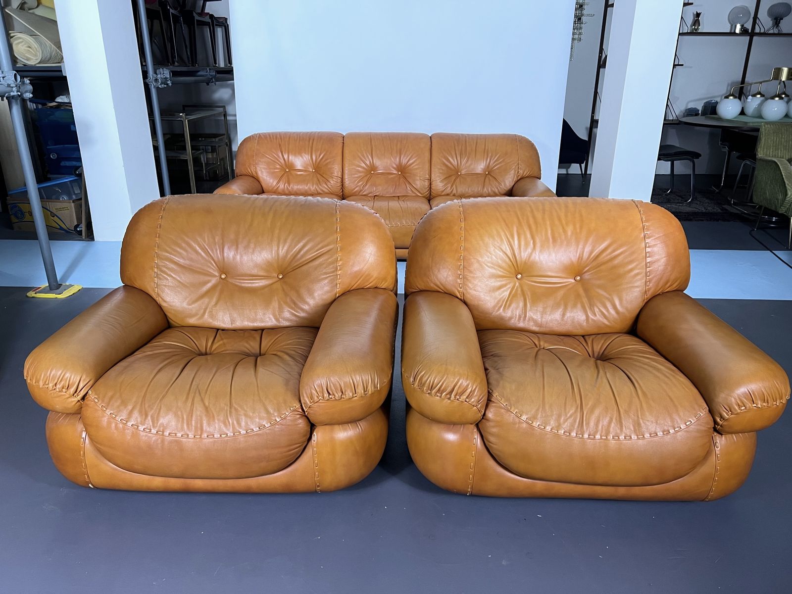 Vintage Sofa Set In Cognac Leather By Sapporo For Mobil Girgi. Italy 1970s photo 6376.5