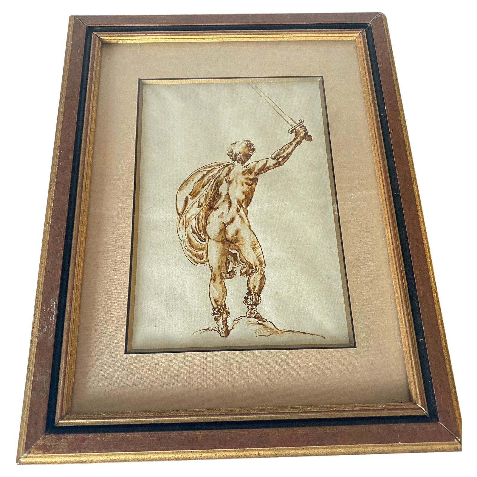 Engraving Of A Drawing Of A Nude Man, Brown Ink, Italy, 19th Century