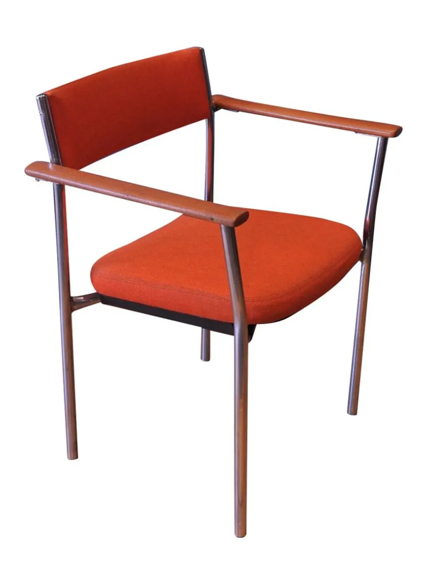 A Pair Of Mid Century Chrome & Beech Open Frame Armchairs With Vibrant Orange Upholstery 1960's Ol photo buy