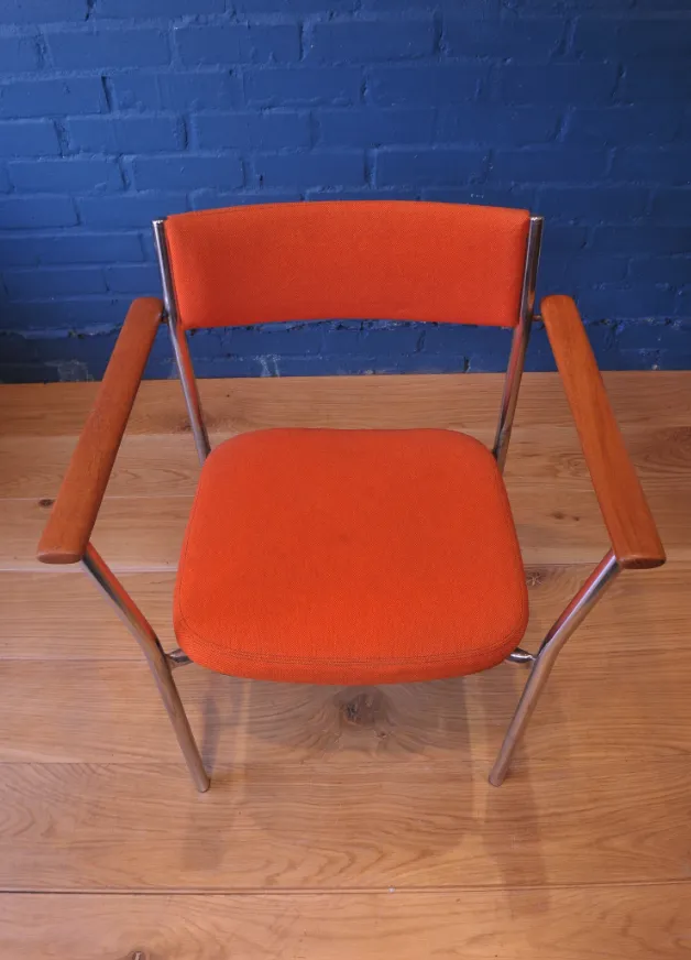 A Pair Of Mid Century Chrome & Beech Open Frame Armchairs With Vibrant Orange Upholstery 1960's Ol photo vintage