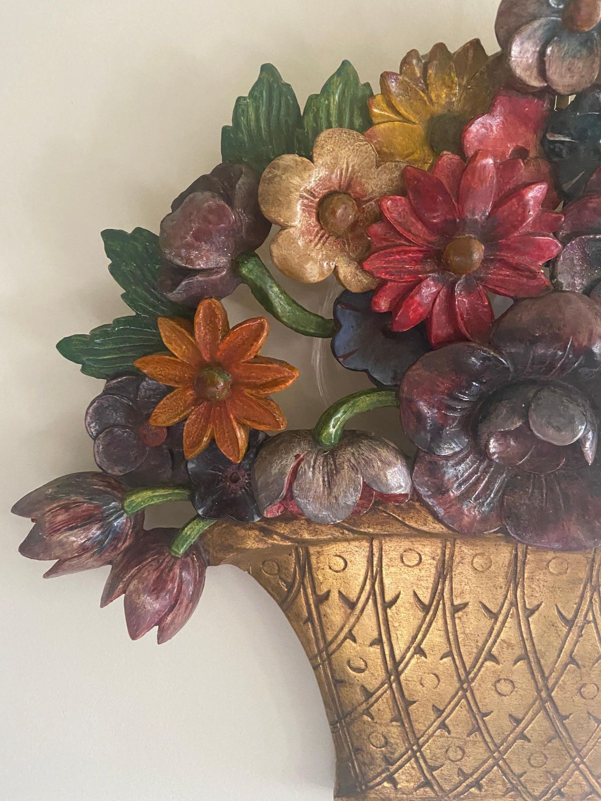 An English 1930s Carved Floral Basket Wall Appliqué Or Wall Hanging photo vintage