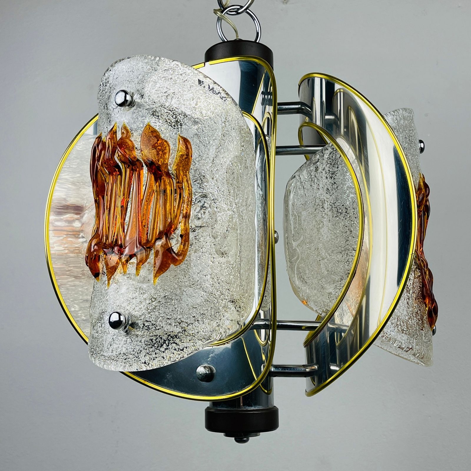 Mid Century Amber Murano Chrome Chandelier By Toni Zuccheri For Veart Italy 1970s