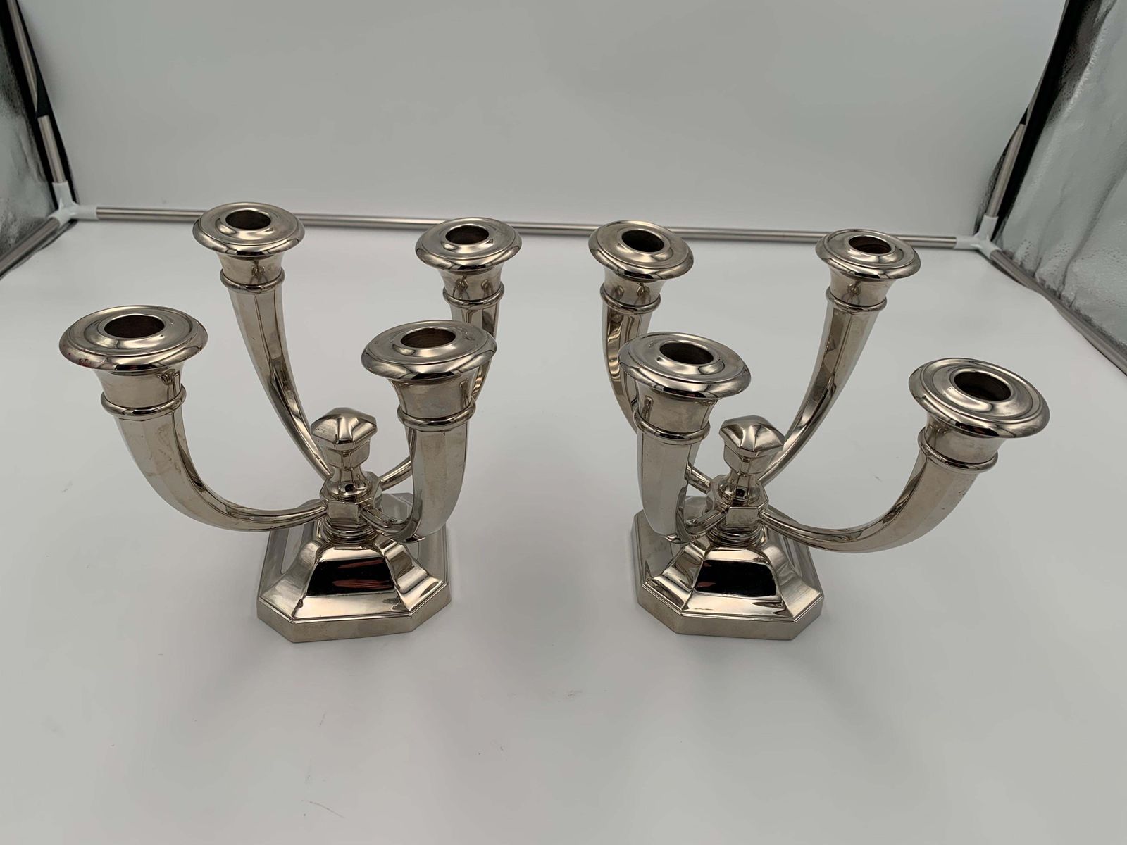 Pair Of Art Deco Candlesticks By J. Leleu  Nickel Plate  Bronze  France  C. 1930 photo Home Decor