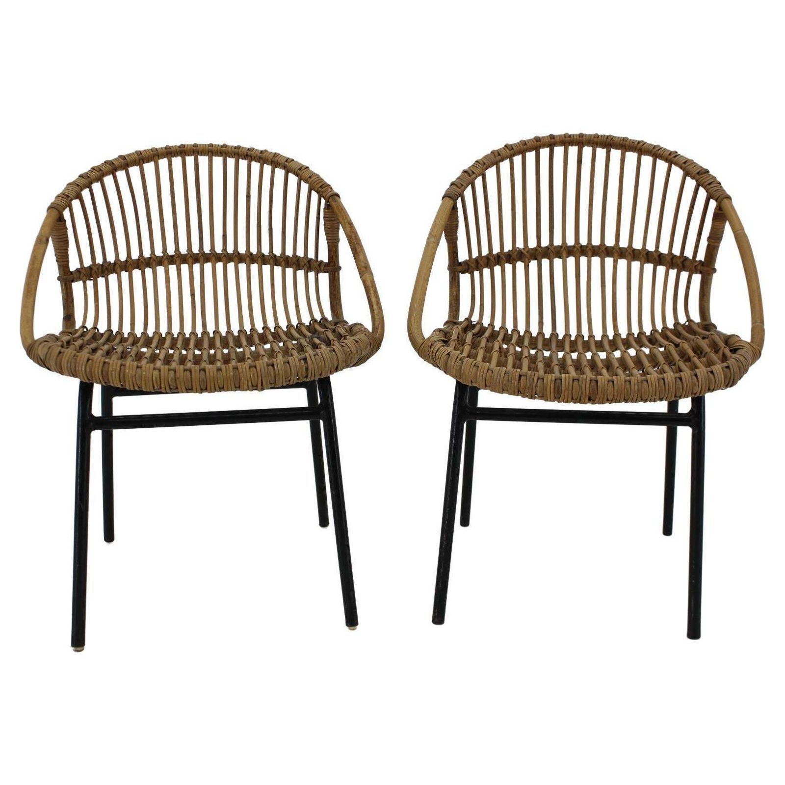 1970s Pair Of Alan Fuchs Rattan And Iron Lounge Chairs, Czechoslovakia