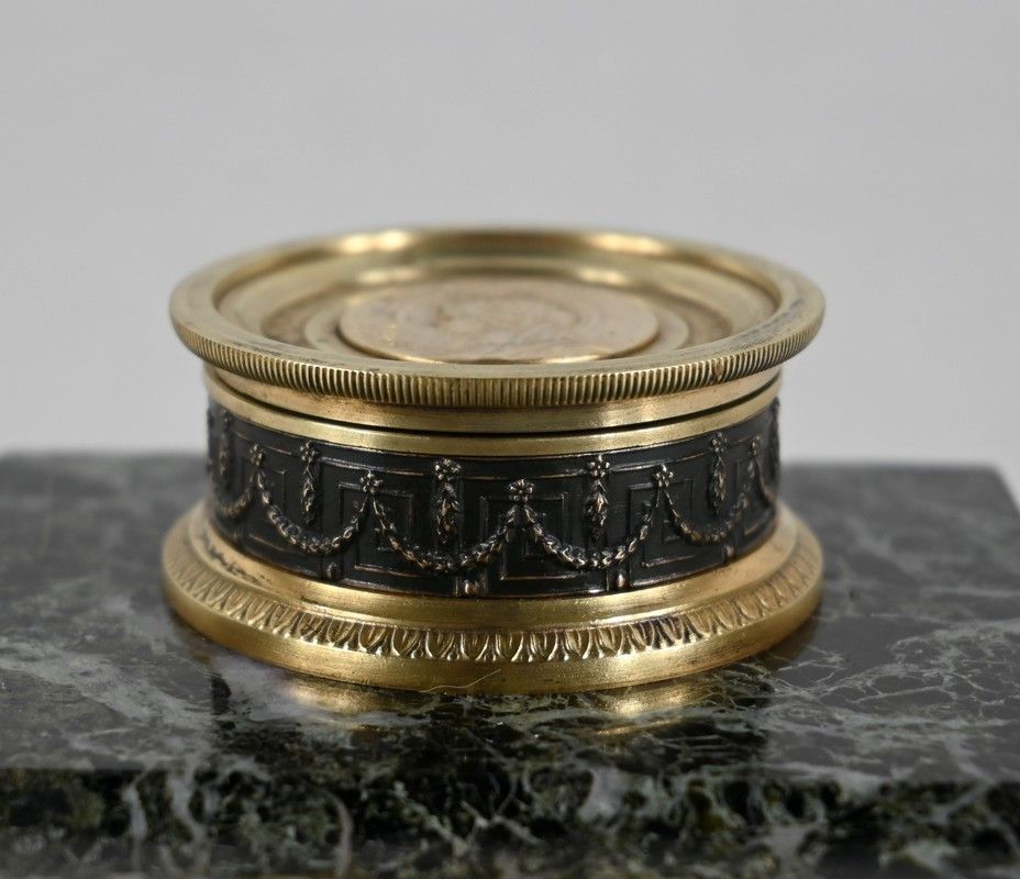 photo furniture Inkwell With The Virgin In Bronze And Marble   Late 19th Century