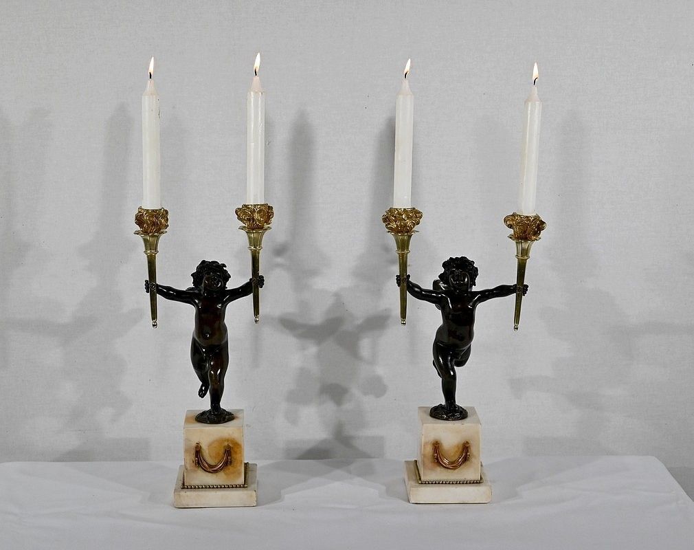 Pair Of Bronze And Marble Candlesticks   1st Part Of The 19th Century