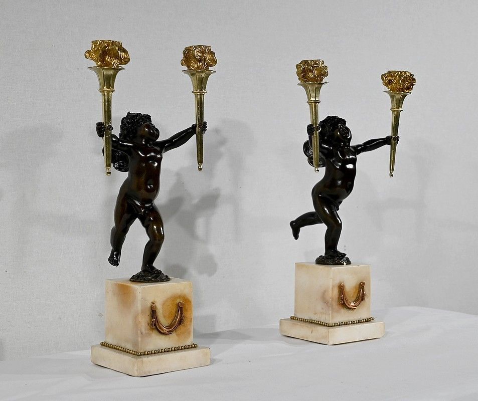 Pair Of Bronze And Marble Candlesticks   1st Part Of The 19th Century photo for sale