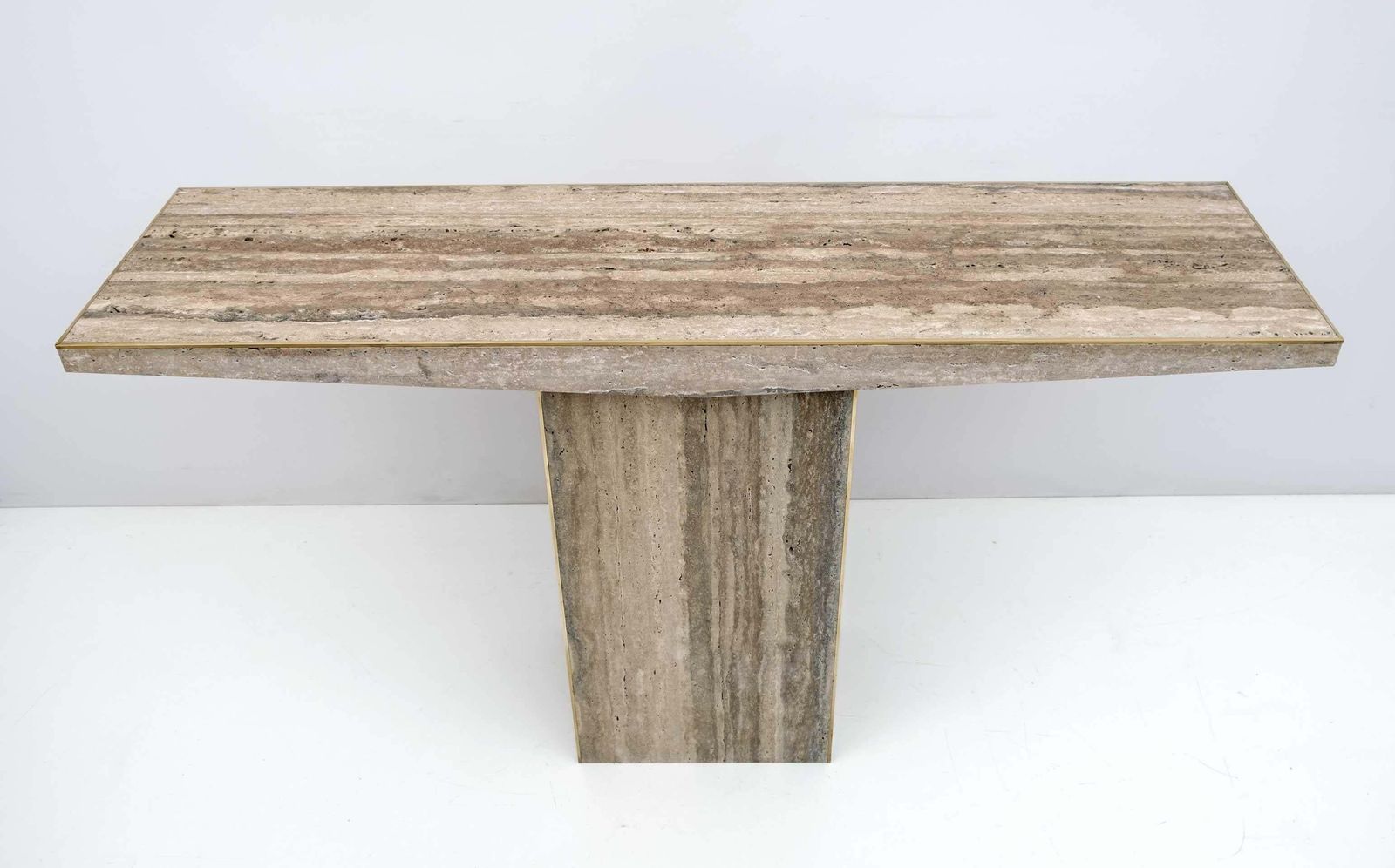 Pair Of Mid Century Italian Unfilled Travertine And Brass Inlay Console Tables photo furniture