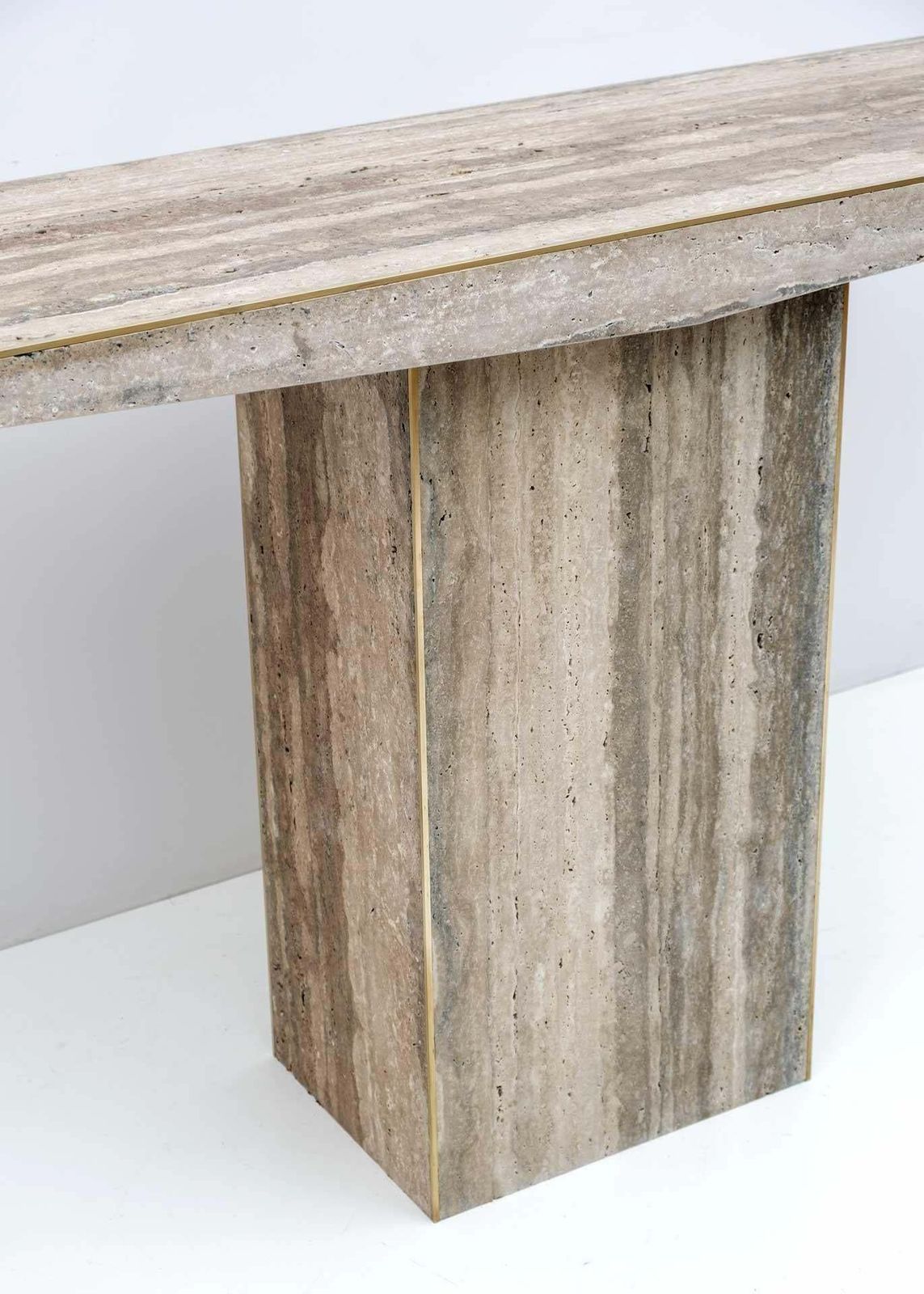 Pair Of Mid Century Italian Unfilled Travertine And Brass Inlay Console Tables photo vintage