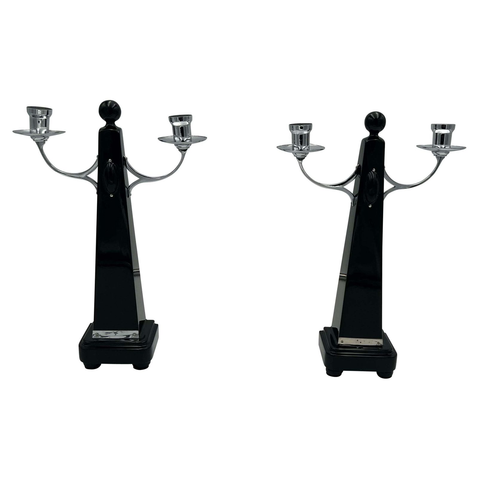 Pair Of Art Deco Candlesticks, Black Lacquer, Oak, Nickel, Netherlands C. 1930