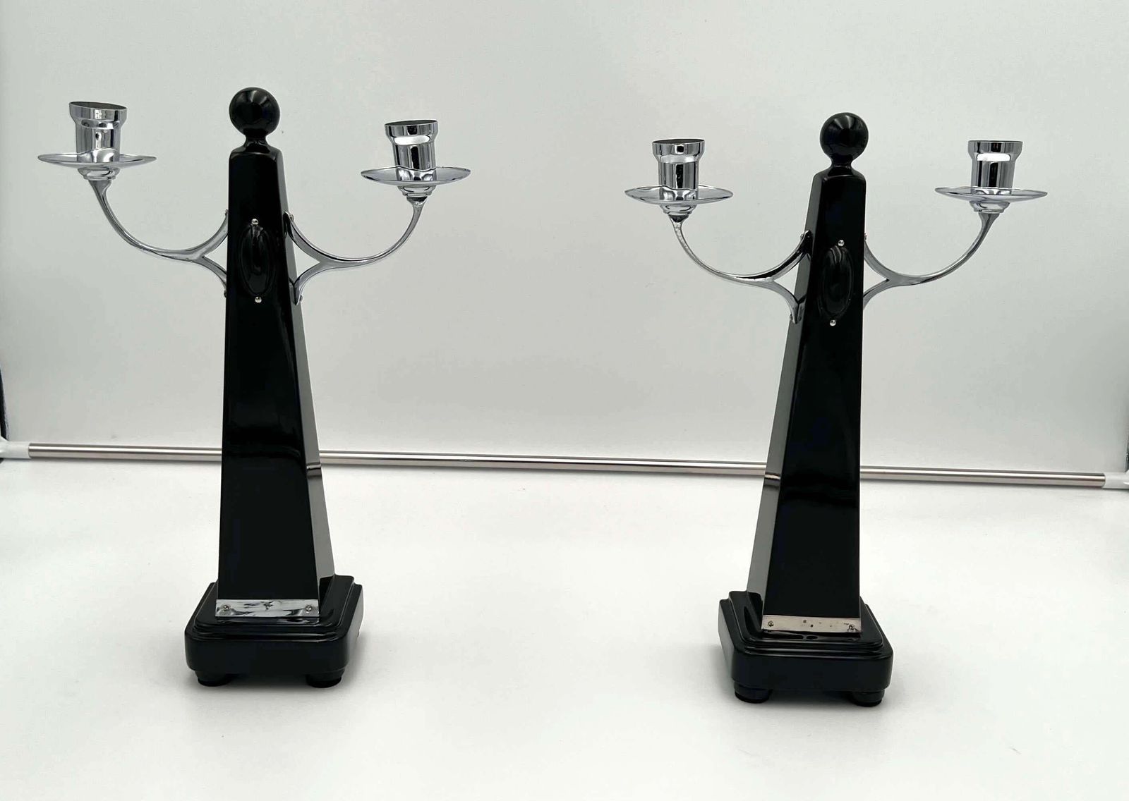 Pair Of Art Deco Candlesticks, Black Lacquer, Oak, Nickel, Netherlands C. 1930 photo furniture