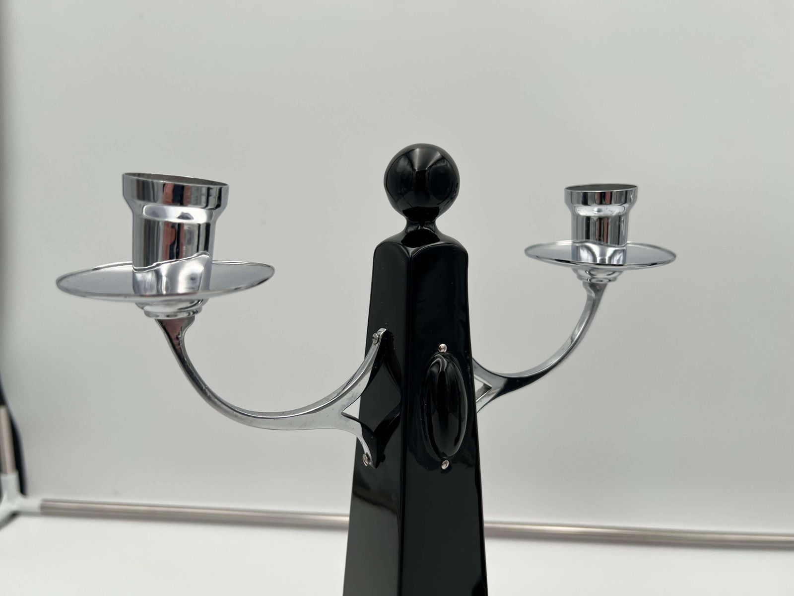 Pair Of Art Deco Candlesticks, Black Lacquer, Oak, Nickel, Netherlands C. 1930 photo 1570.98