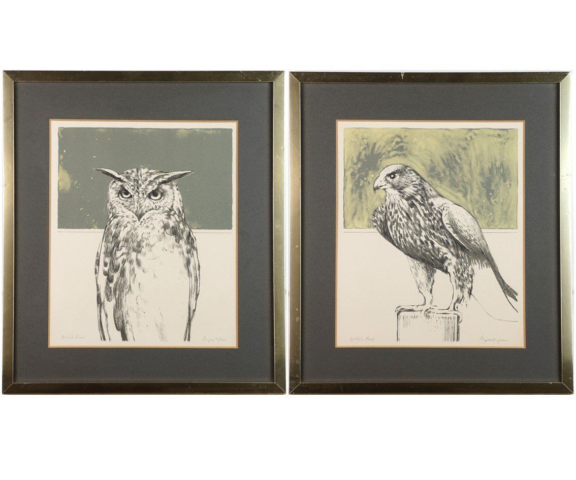 Bryan Organ, Pair Of Bird Lithographs, Peregrine Falcon And Eagle Owl