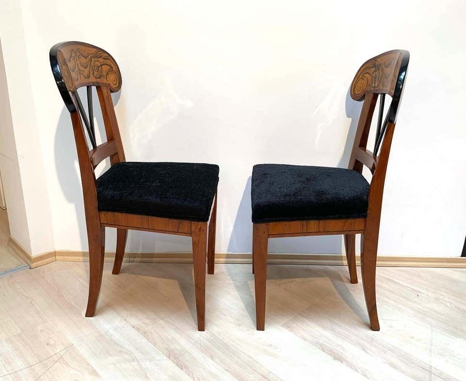 Pair Of Biedermeier Shovel Chairs Walnut, Ink Painting South Germany Ca. 1830 photo vinterior