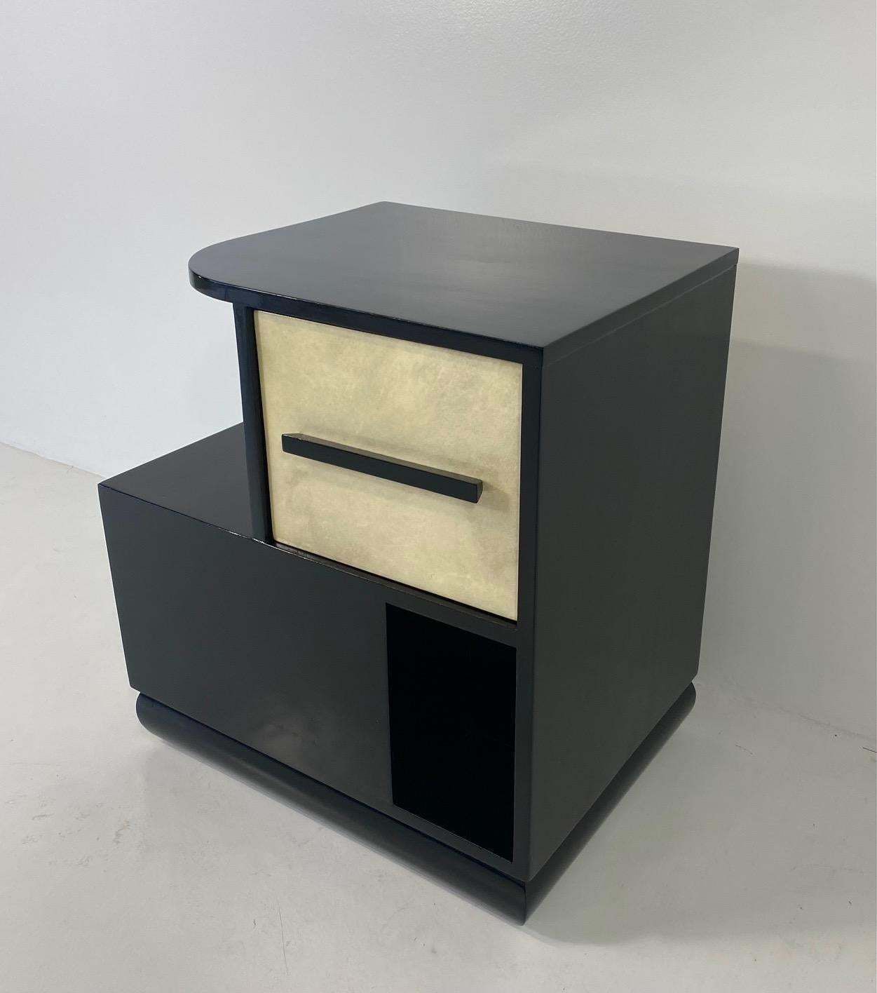 photo for sale Italian Art Deco Parchment And Black Lacquer Cabinet, 1940s