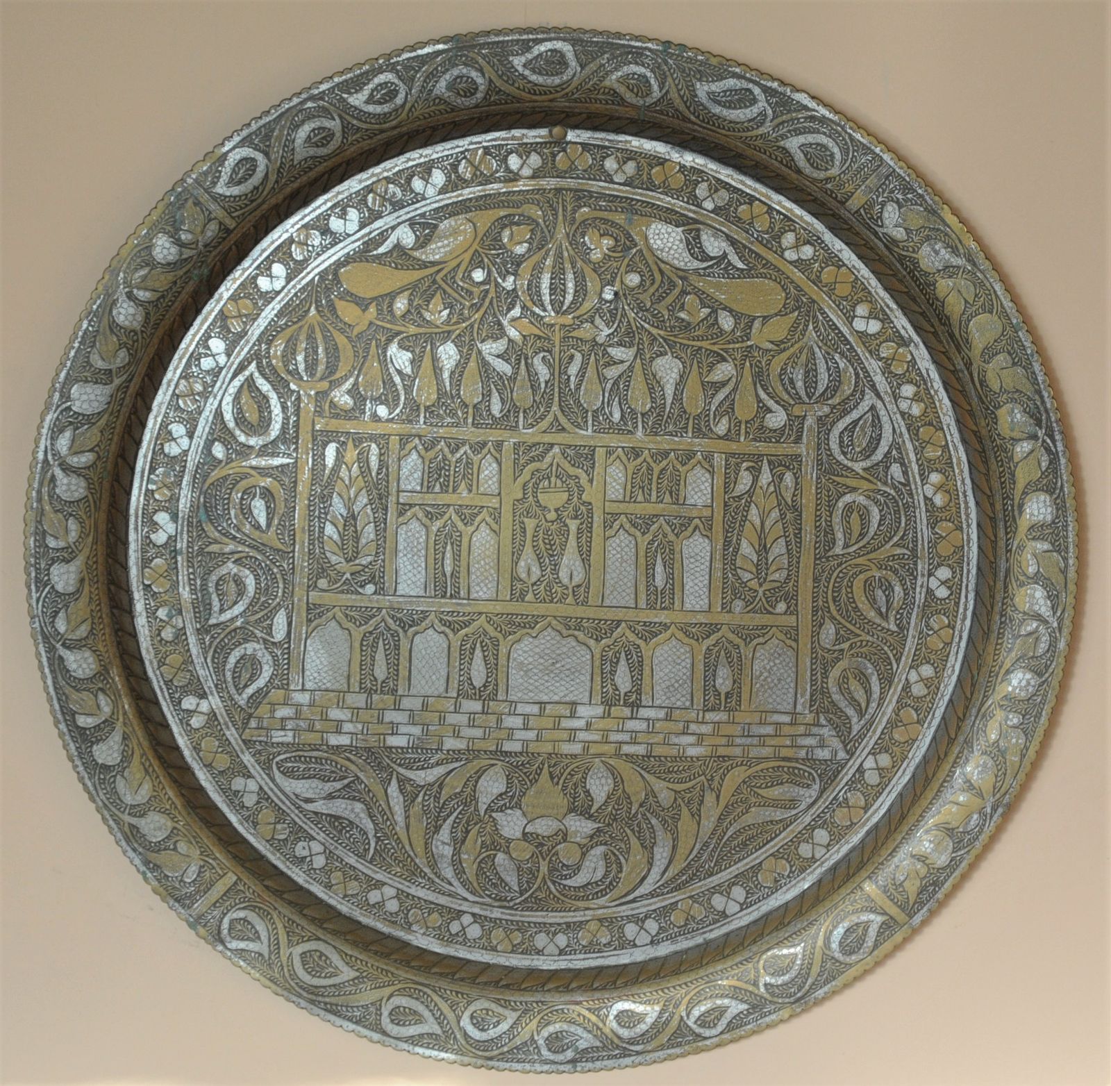 Antique Brass Indian Islamic Mughal Style Finely Engraved Large Tray / Charger With Niello photo furniture