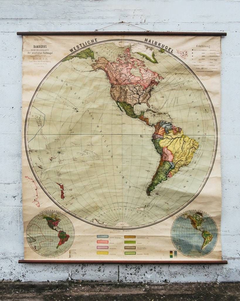 Original Early 1900s Huge Large Antique Old Vintage German Educational School Wall Chart Western Hemisphere Map Beautiful Bambergs