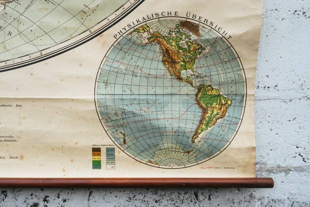 Original Early 1900s Huge Large Antique Old Vintage German Educational School Wall Chart Western Hemisphere Map Beautiful Bambergs photo vintage