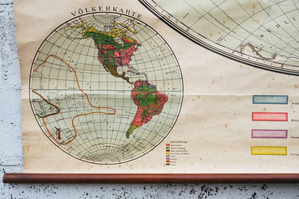 photo furniture Original Early 1900s Huge Large Antique Old Vintage German Educational School Wall Chart Western Hemisphere Map Beautiful Bambergs