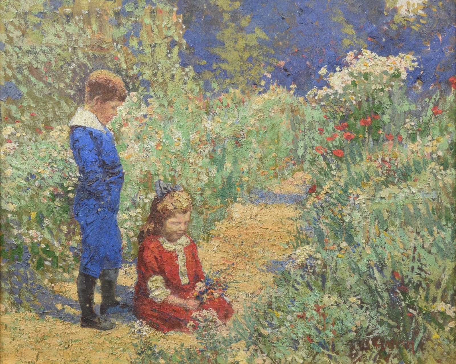 D Haslam (20th Century)   Original Oil On Canvas   Children In A Field photo furniture