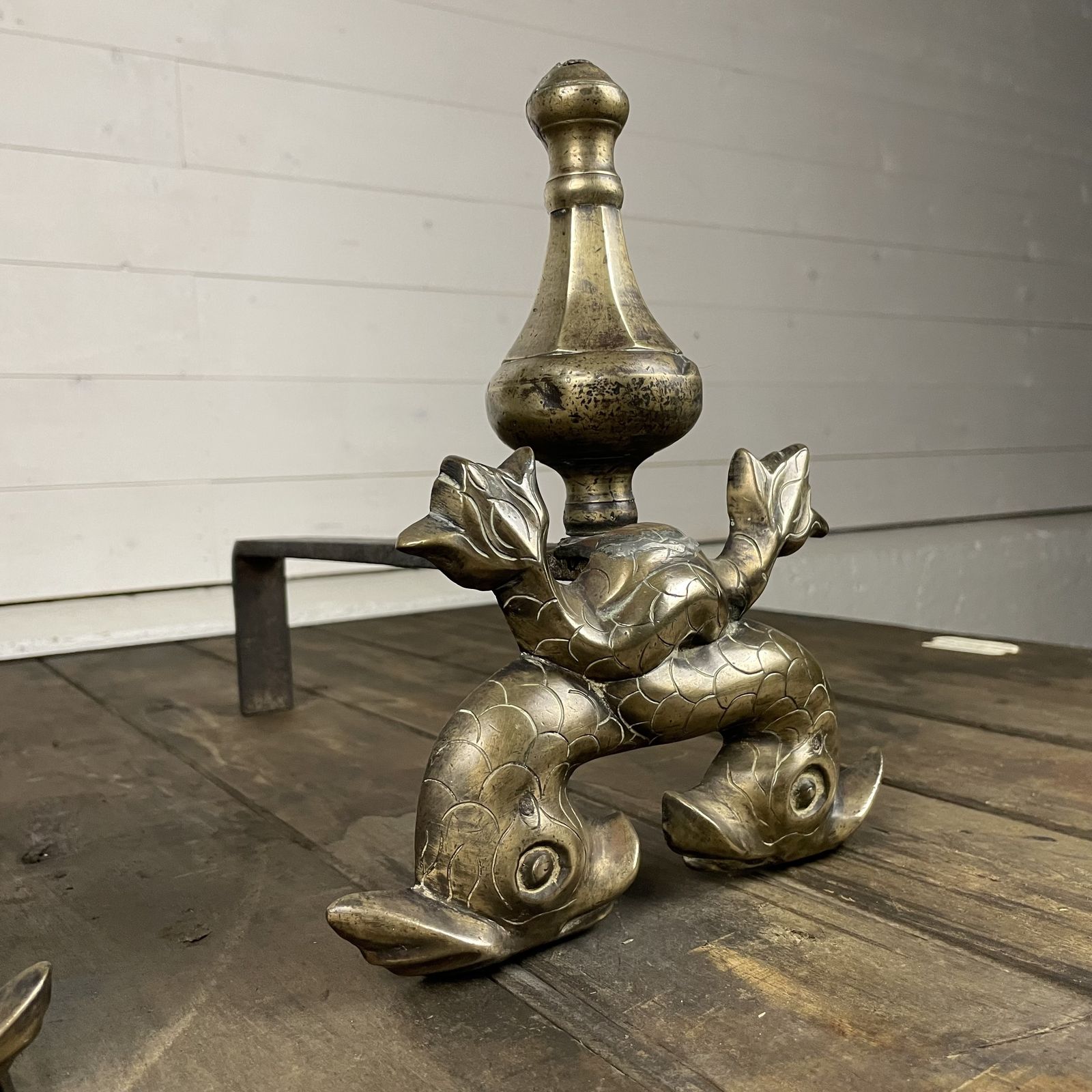 Antique Brass And Iron Mythical Fish Design Fire Dogs photo for sale