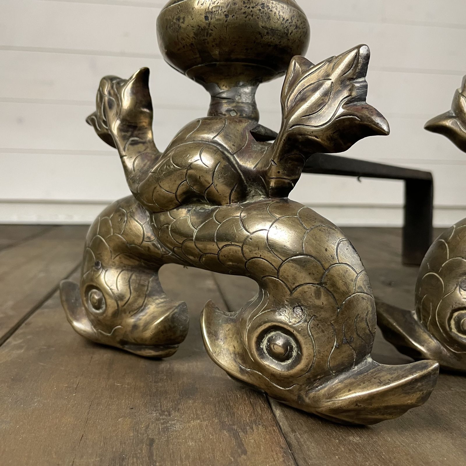 Antique Brass And Iron Mythical Fish Design Fire Dogs photo vinterior