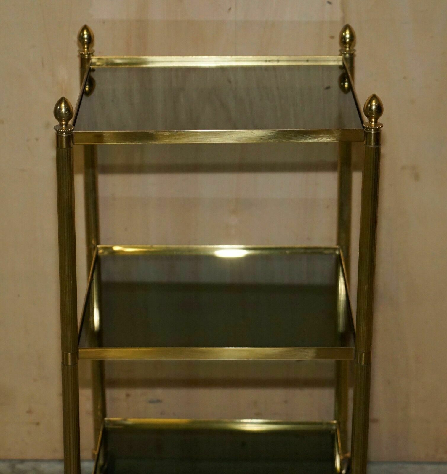 Fine Pair Of Mid Century Modern Brass And Smoked Glass Three Tier Etagere Tables photo Furniture