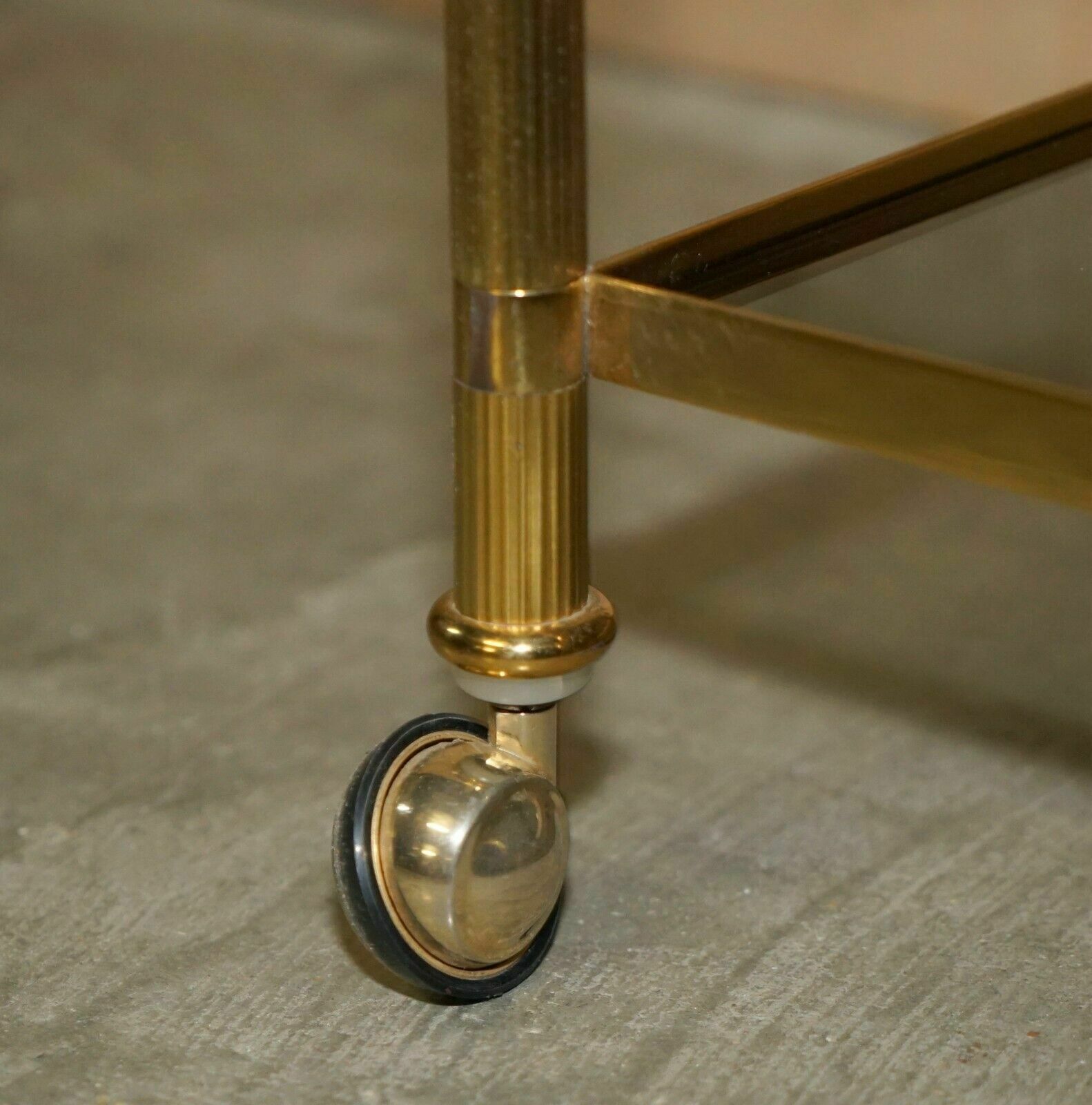 Furniture Fine Pair Of Mid Century Modern Brass And Smoked Glass Three Tier Etagere Tables photo