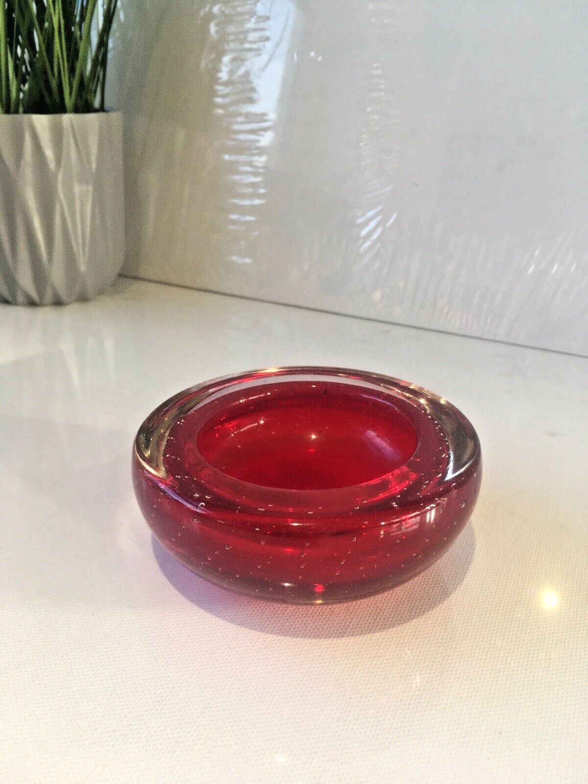 Home Decor Vintage 60's Red Murano Sommerso Bubble Glass Geode Bowl Dish 70's Retro photo