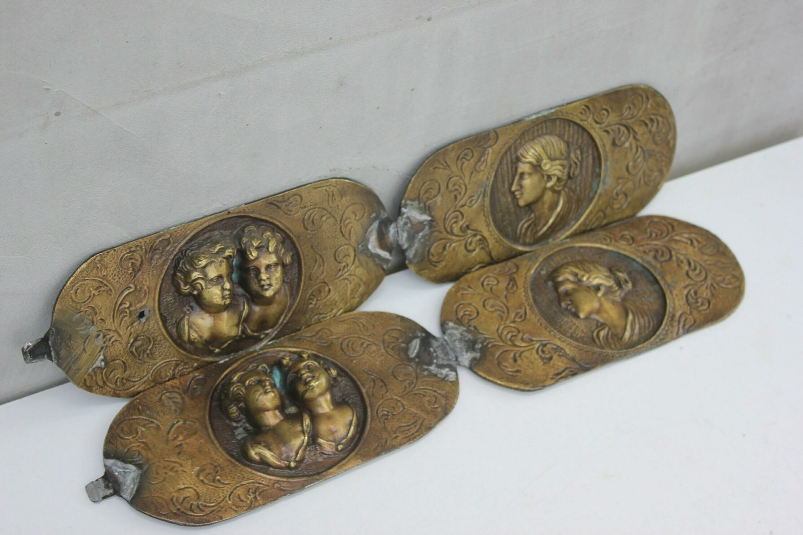 photo furniture Italian Salvage Rare Relief Metal Plaque, 4 Cooper Bar Reliefs Wall Art Panels Funeral Wall Tile