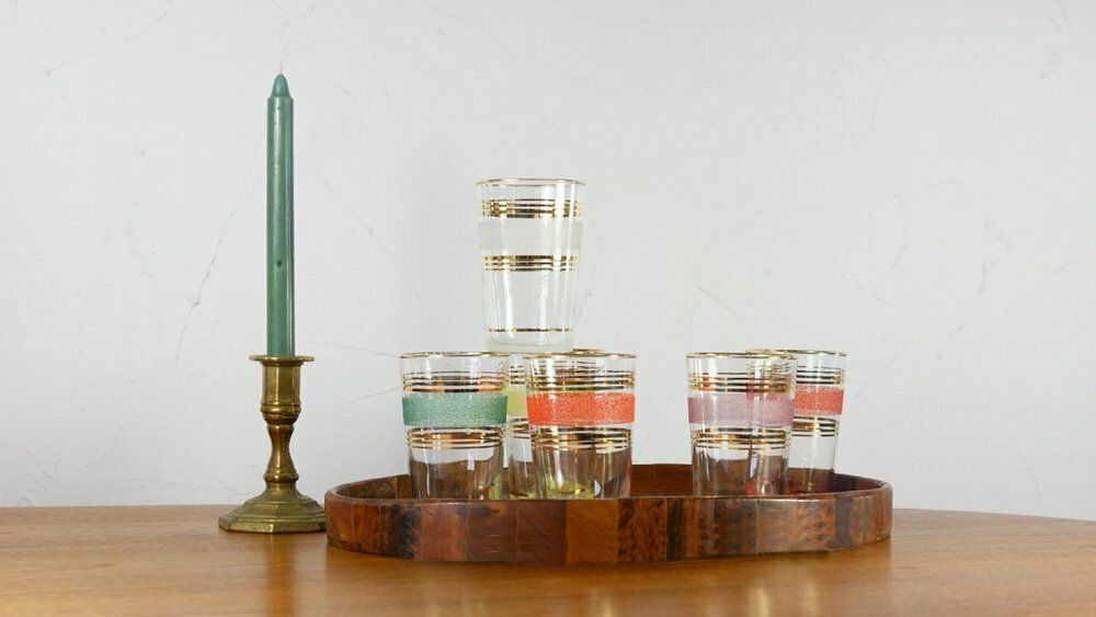 Set Of Frost & Gold Bands Glasses, 1950s, Set Of 6 photo Home Decor