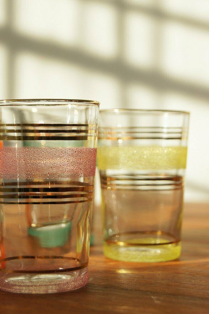 Set Of Frost & Gold Bands Glasses, 1950s, Set Of 6 photo vintage