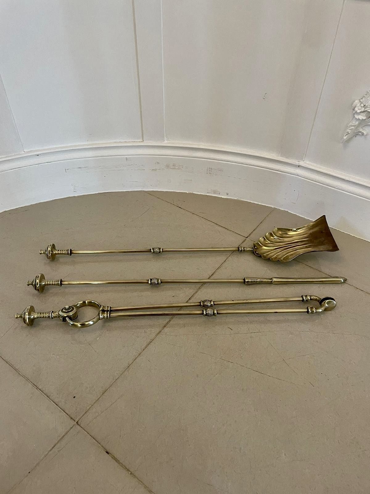 Antique Quality Set Of 3 Brass Fire Irons photo buy