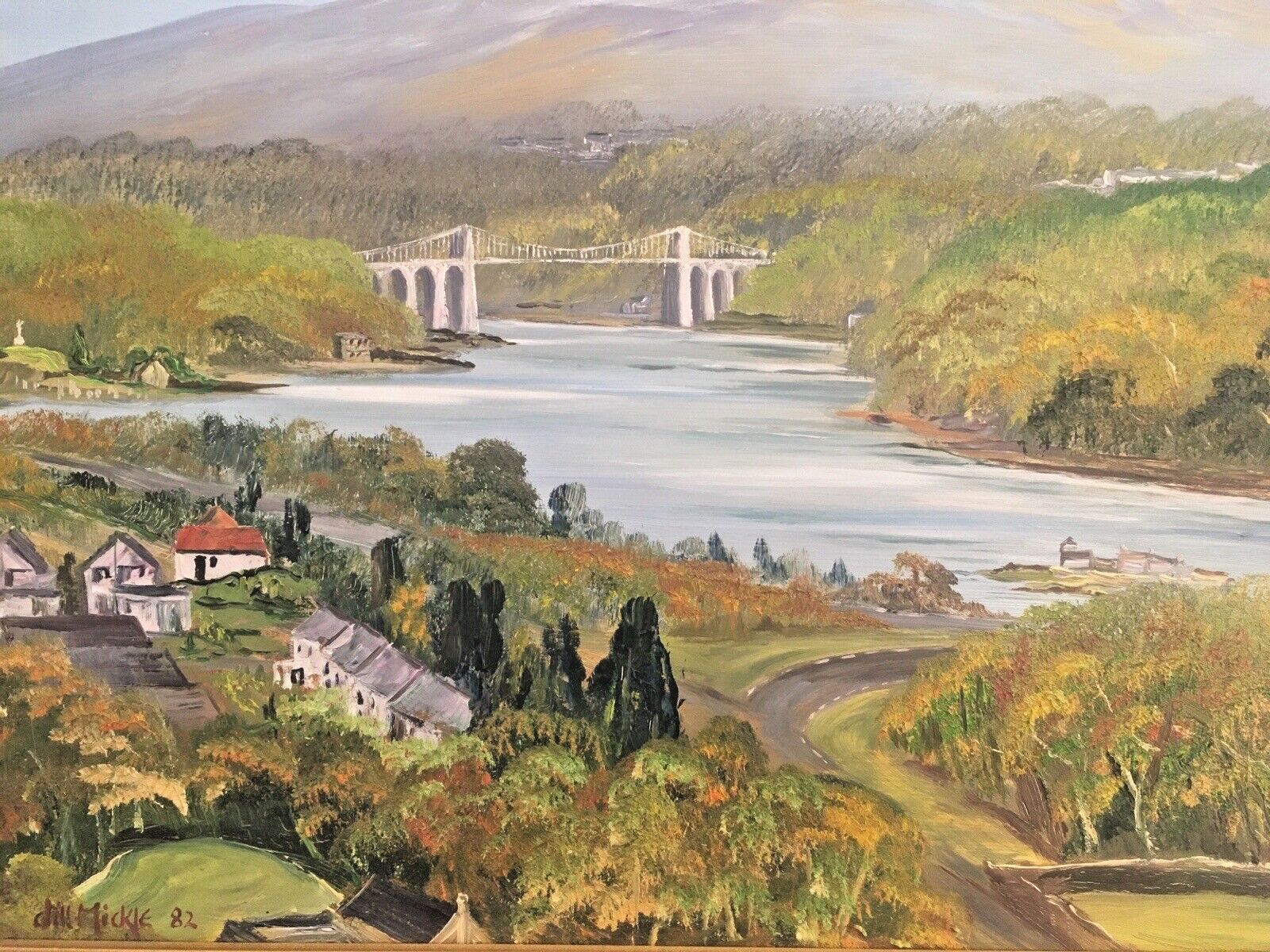 Huge Jill Mickle Framed Painting Menai Britannia Bridge Anglesey Nelsons Statue photo vinterior