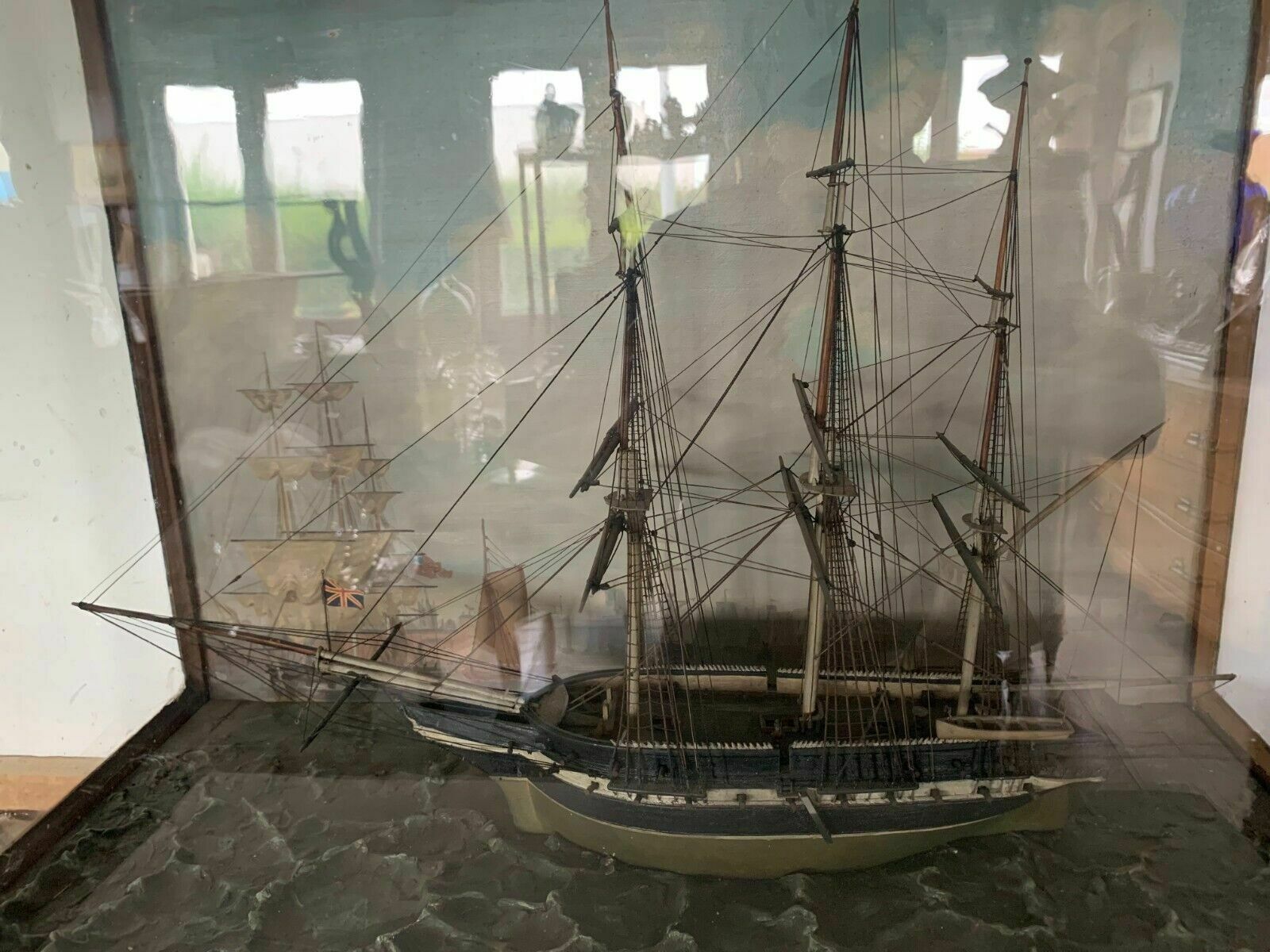Old Model Of A Sailboat With Three Masts In Its 19th Century Showcase photo for sale