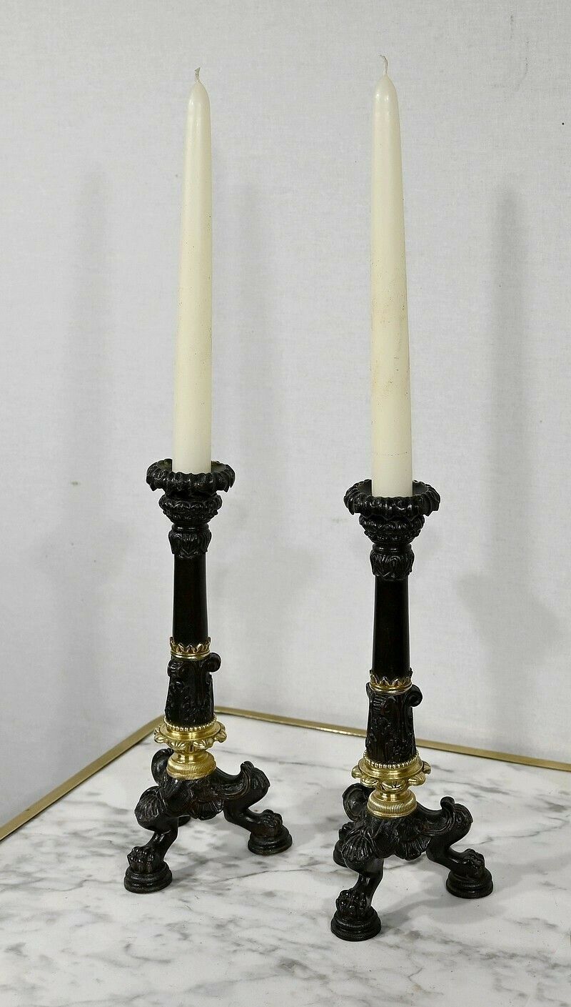 Pair Of Bronze Candlesticks, Restoration Period, Early 19th Century photo furniture