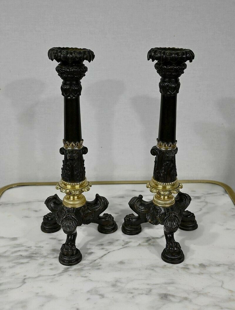 Pair Of Bronze Candlesticks, Restoration Period, Early 19th Century photo Home Decor