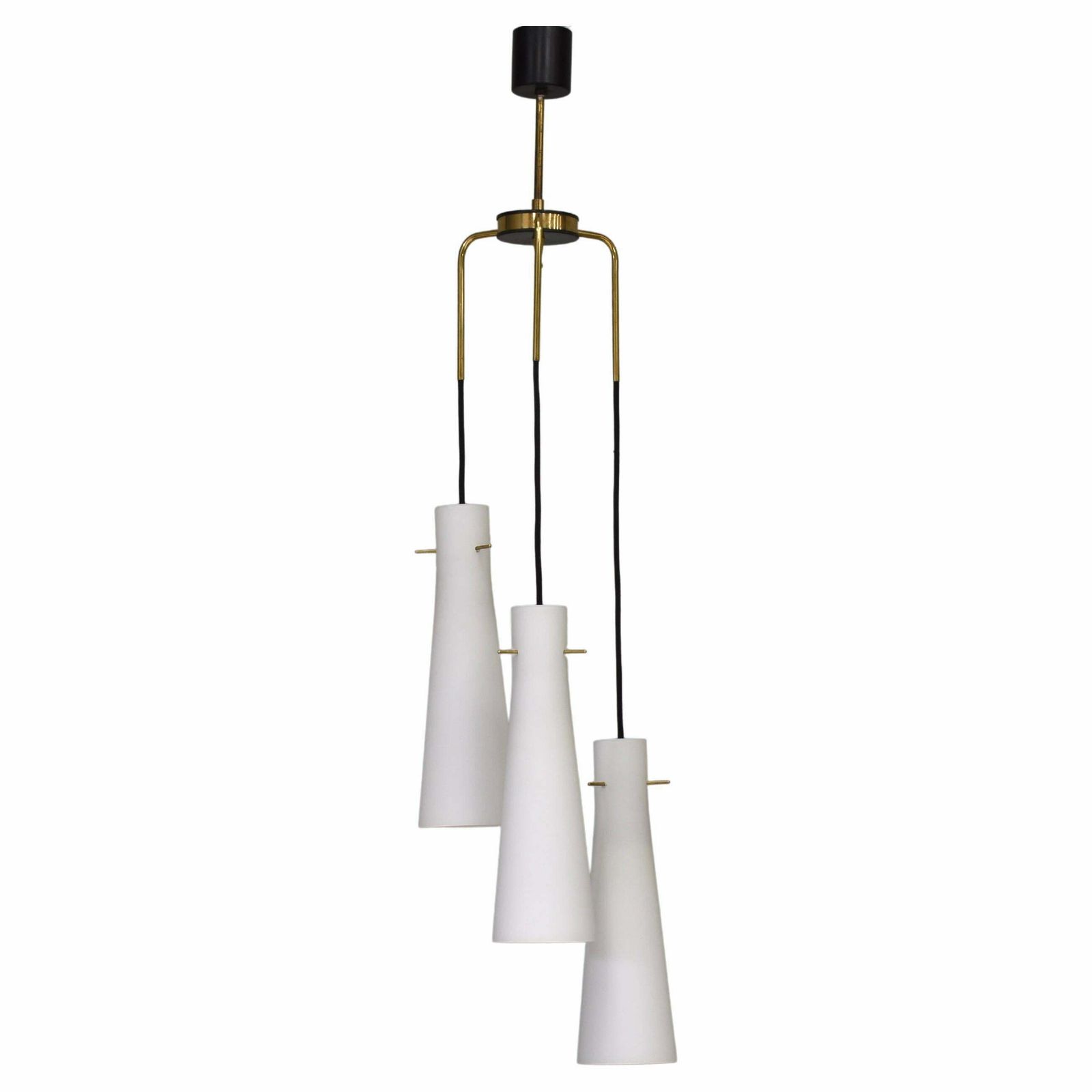 Stilnovo Chandelier With Opaline Glass Shades And Brass – Italy, Circa 1950