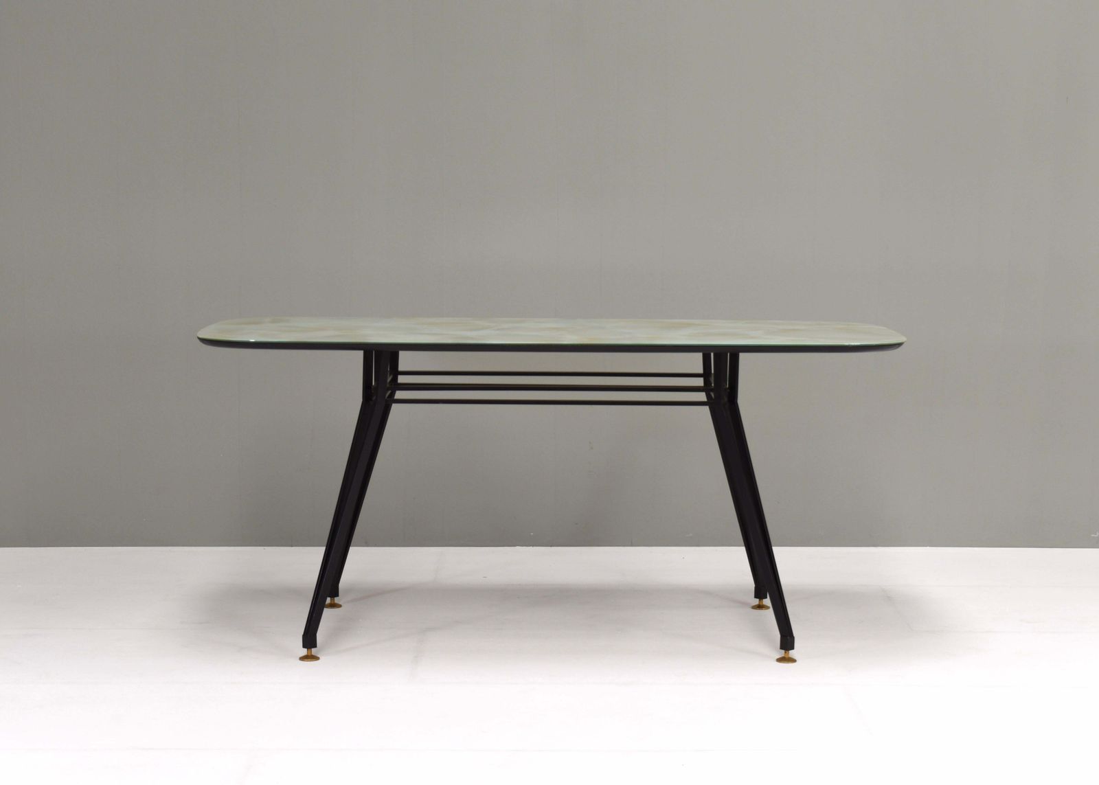 1950's Italian Dining Table With Metal Base, Glass Top And Brass Details photo for sale