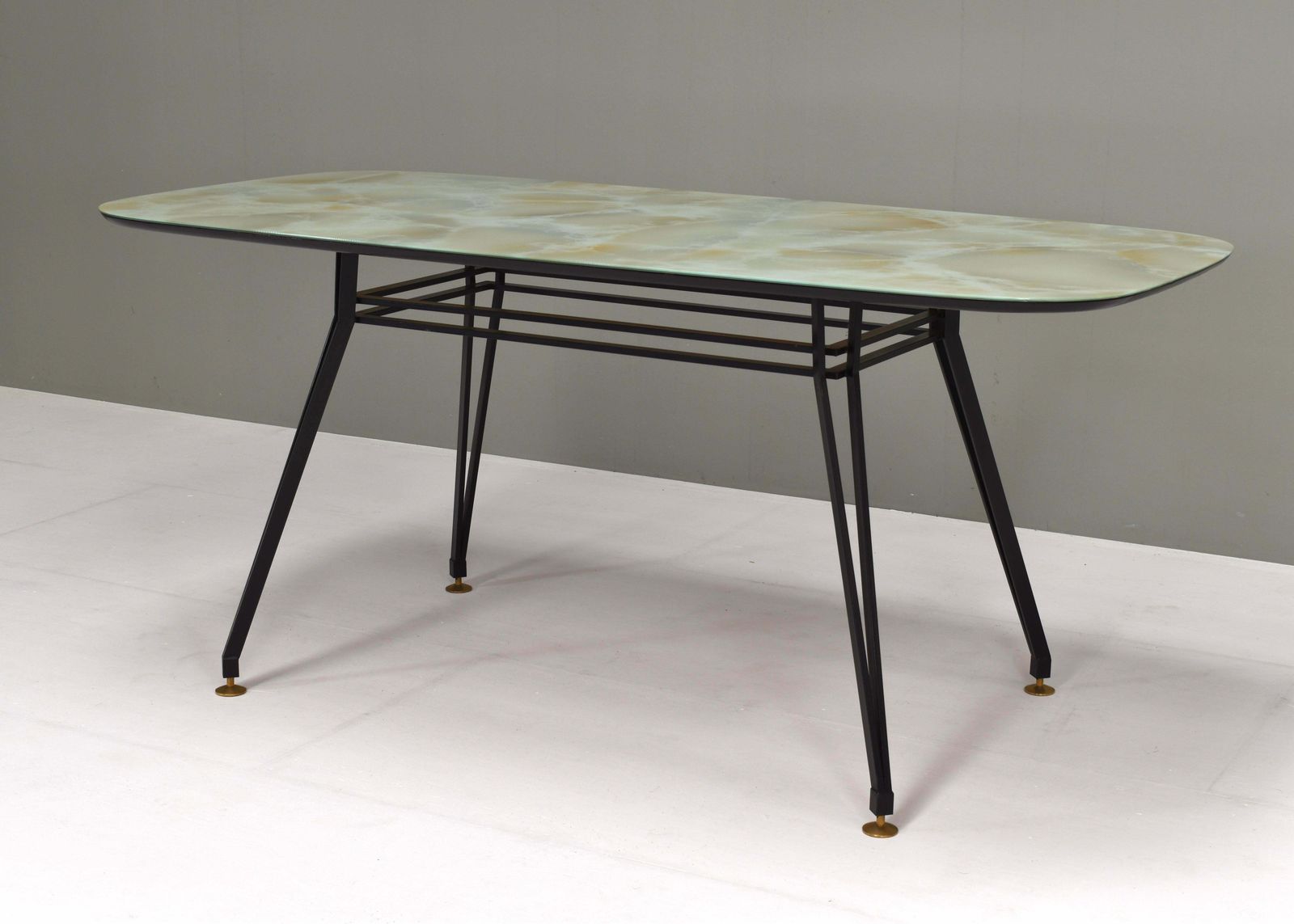 1950's Italian Dining Table With Metal Base, Glass Top And Brass Details photo 2199.0