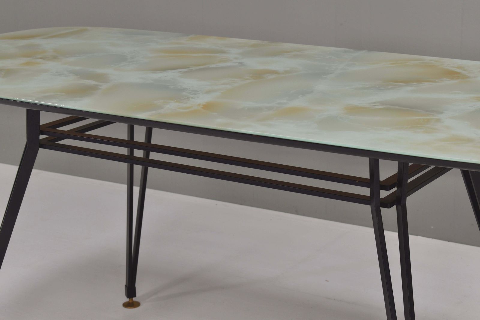 1950's Italian Dining Table With Metal Base, Glass Top And Brass Details photo vinterior