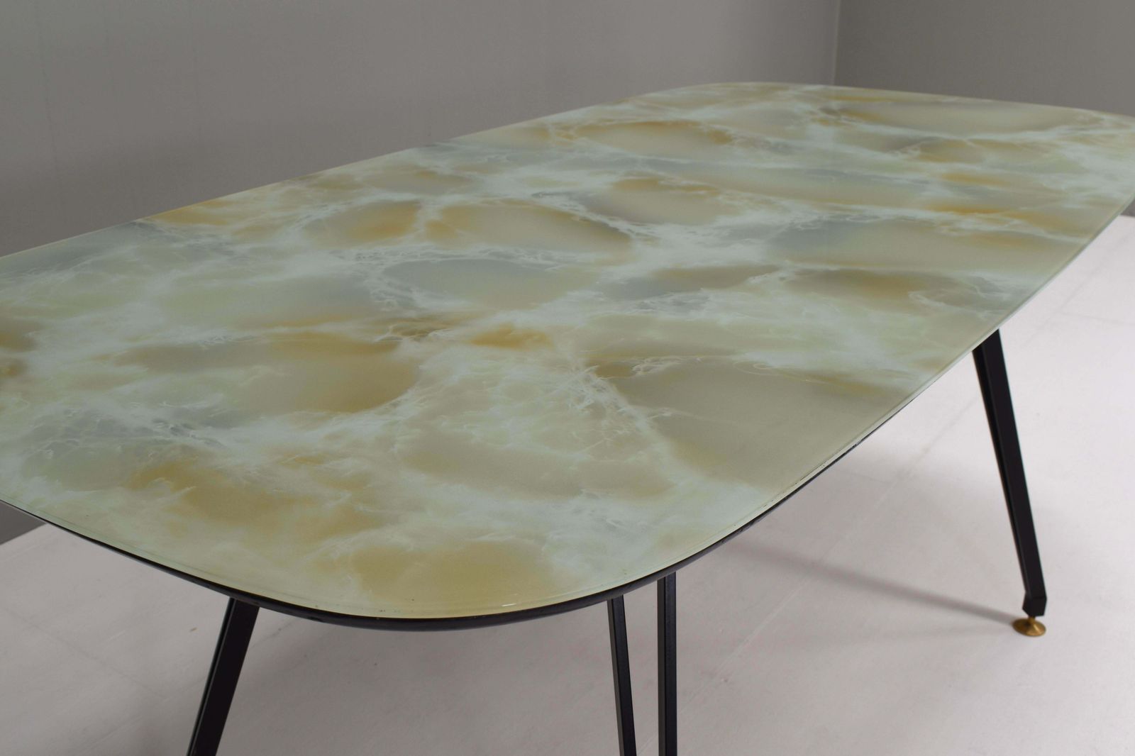 photo furniture 1950's Italian Dining Table With Metal Base, Glass Top And Brass Details