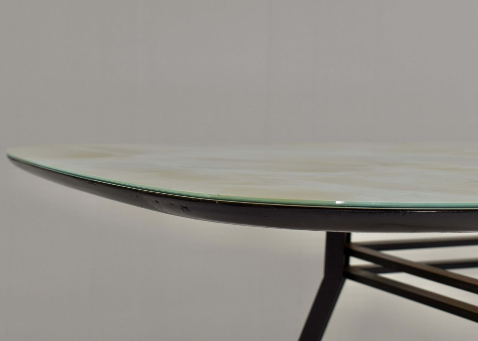 2199.0 1950's Italian Dining Table With Metal Base, Glass Top And Brass Details photo