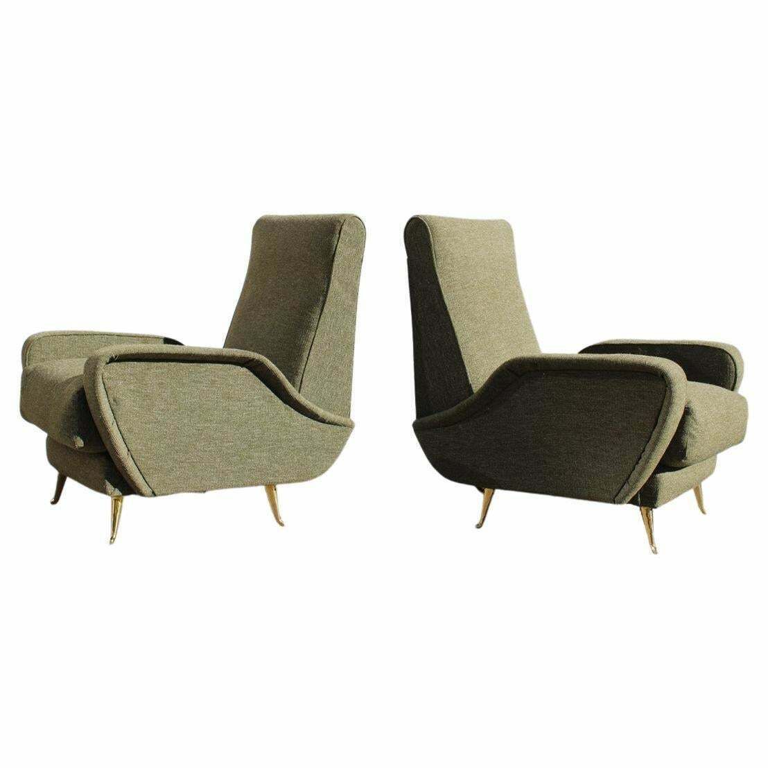 Mid Century Pair Armchairs Isa Bergamo 1950s Green Fabric Brass Feet