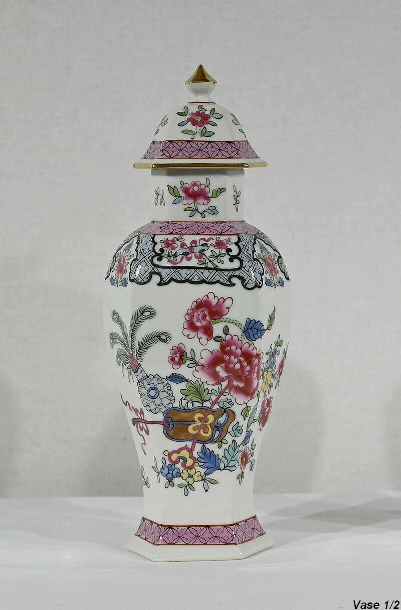 Pair Of Hexagonal Earthenware Vases, China   Late 19th Century photo vintage