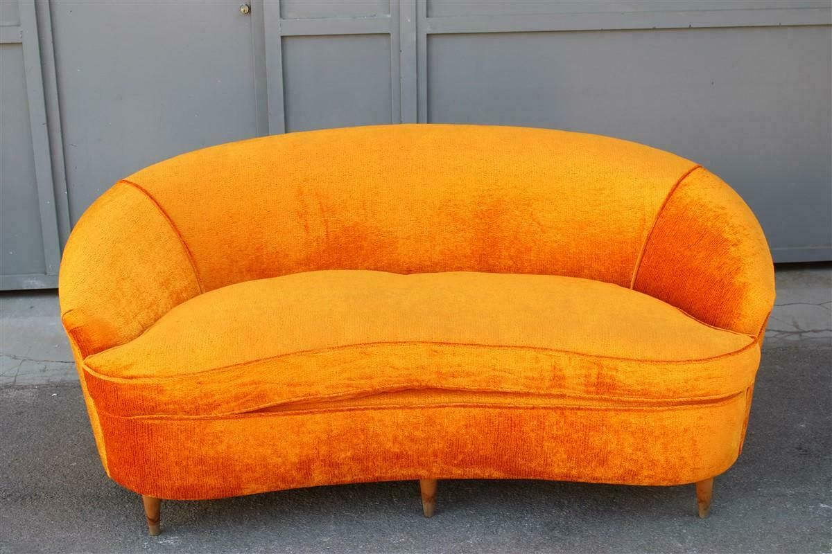 Mid Century Orange Velvet Curved Sofa Made In Italy 1950s Wood Feet photo buy