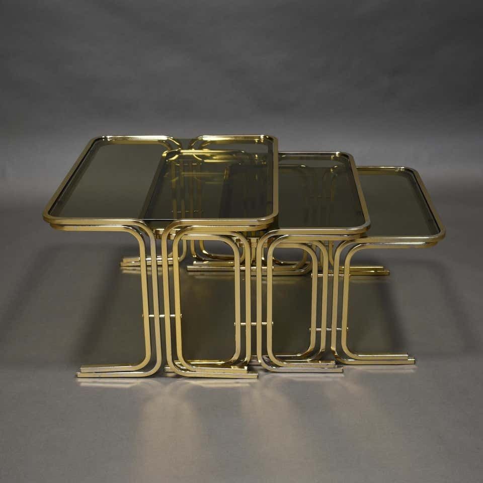 Italian 1970s Nesting Tables Gold / Smoked Glass, Italy, Circa 1970 photo buy