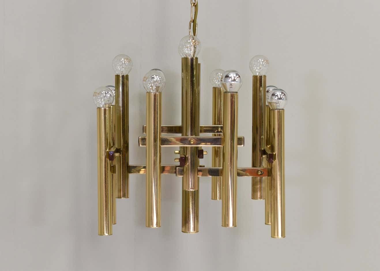 Gaetano Sciolari Chandelier 12 Spot Brass Pendant Lamp, Italy, Circa 1970 photo Lighting