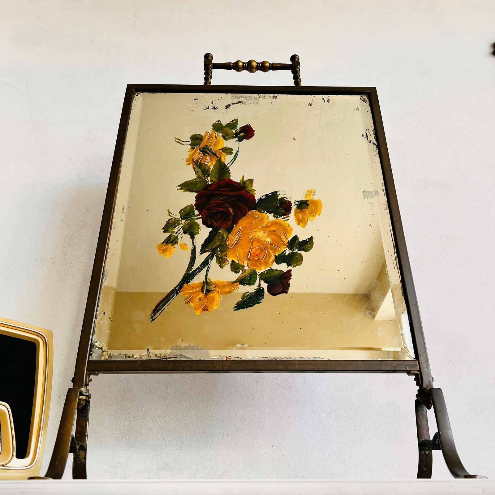 Victorian Brass Mirrored Hand Painted Flowers, Bevelled Mirror, Art Nouveau Fireplace Screen